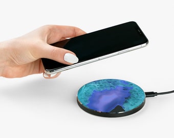 Türkis Achat Geode Wireless Charger, Crystal Fast Charging Pad für Apple iPhone und Android, Wireless Ladestation Tech Geschenk