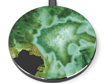 Green Agate Crystal  Wireless Charger, Geode Fast Charging Pad for Apple iPhone and Android, Wireless Charging Station Tech Gift