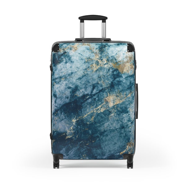 Blue Marble Cabin Luggage, Minimalist Design, Trendy Travel Carry on Suitcase,  Blue and Gold Print Rolling Carry-on