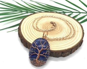 Lapis Lazuli Copper Wire Tree of Life Pendant, Copper Wire Wrapped Amulet, Blue Copper Statement Necklace, Christmas Gift for Her Them Mom