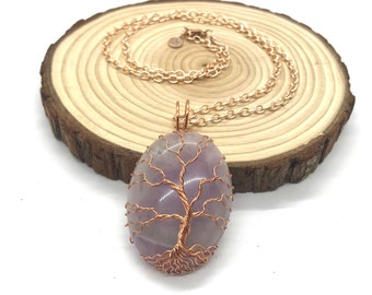 Purple Copper Wire Tree of Life Pendant, Natural Light Amethyst Copper Wire Wrapped Necklace, Lavender Gemstone Amulet, Christmas Gift