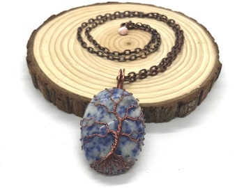 Natural Blue Spot Jasper Antique Copper Wire Wrapped Tree of Life Pendant, Genuine Blue Gemstone Amulet Necklace, Christmas Gift for Her