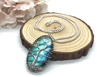Natural Blue Flash Labradorite Sterling Silver Wire Wrapped Tree of Life Pendant, Genuine Blue Gemstone Amulet, Christmas Gift for Her Mom