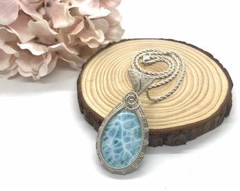 Sterling Silver Larimar Wire Wrapped Pendant, Grade AAA Genuine Blue Gemstone Amulet, Handmade Statement Piece Necklace, Engagement Gift