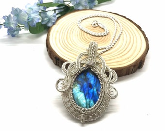 Large Natural Blue Flash Labradorite Sterling Silver Wire Wrapped Pendant, Handmade Statement Piece Necklace, Genuine Blue Gemstone Amulet