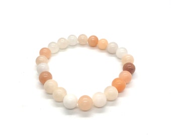 Peach Aventurine Beaded Stretch Bracelet, 8mm Natural Pink Beige White Stackable Wristbands, Modern Chic Mothers Day Present, Gift for Her