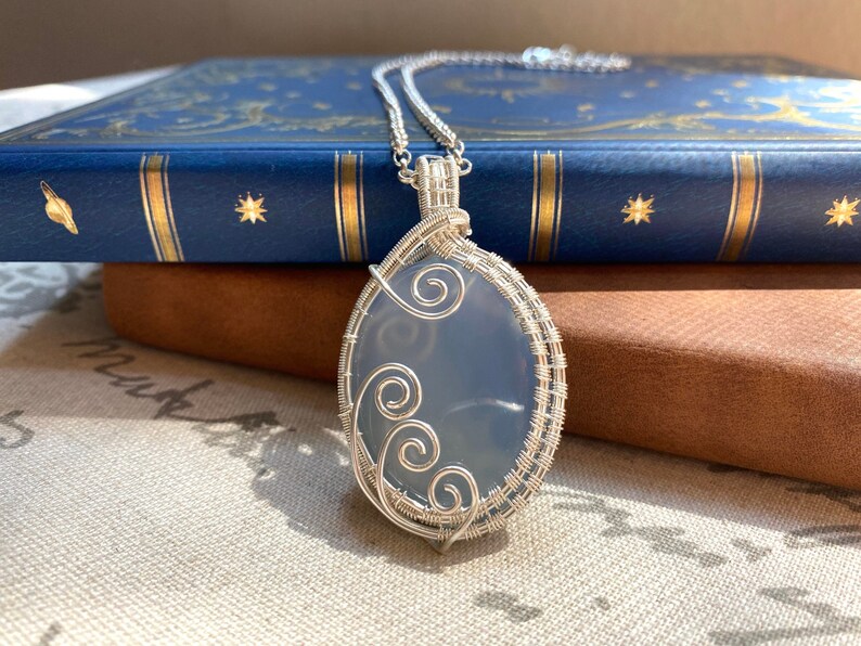 Gift for Her Blue Agate Silver Wire Wrapped Pendant Amulet Necklace Something Blue Necklace Silver Blue Gemstone Pendant Amulet Necklace