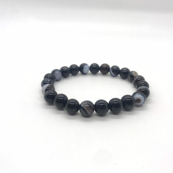 Natural Black Banded Agate 8mm Gemstone Stretch Bracelet, Genuine Black Onyx Stackable Bracelets, Unisex Black Striped Bracelet