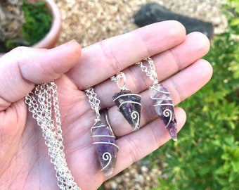 Wire Wrapped Raw Amethyst Crystal Point Necklace, Silver Wire Natural Purple Gemstone Necklace, Healing Stone Pendant, Handmade Jewelry