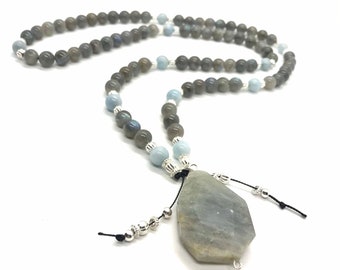 Long Natural Grade AA Labradorite Aquamarine Sterling Silver Beaded Pendant Necklace, Blue Grey Gemstone Statement Piece, Handmade Jewelry