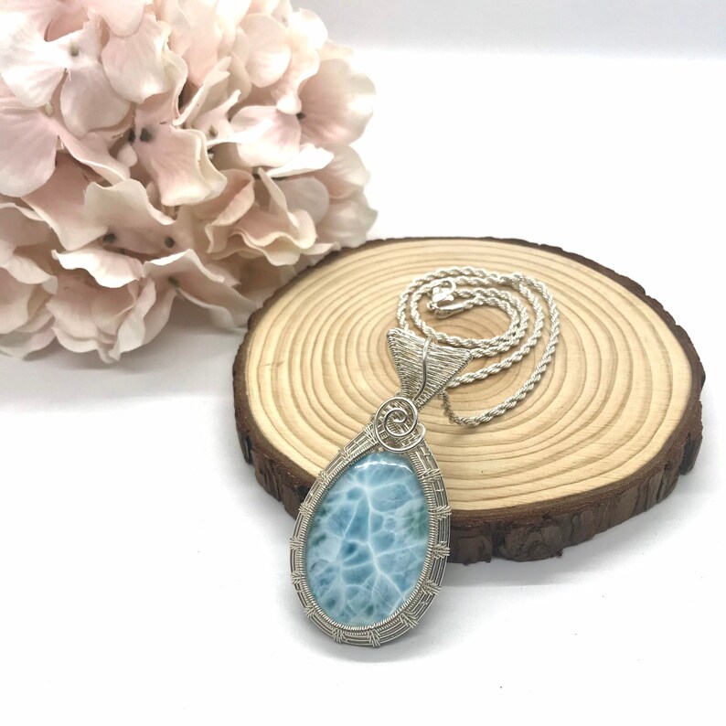 Sterling Silver Larimar Wire Wrapped Pendant, Grade AAA Genuine Blue Gemstone Amulet, Handmade Statement Piece Necklace, Engagement Gift image 1
