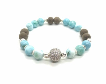 Natural Grade AAA Larimar Sterling Silver Diamond Greywood Diffuser Stretch Bracelets, Essential Oil Diffuser Armband, Gift for Her Mom Wife