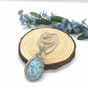 Sterling Silver Larimar Wire Wrapped Pendant, Grade AAA Genuine Blue Gemstone Amulet, Handmade Statement Piece Necklace, Engagement Gift image 4