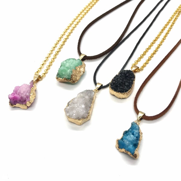 Natural Druzy Nugget Pendant Necklaces, Light Metallic Gold Painted Druzy Necklaces, Blue Green Druzy Bohemian Necklaces, Handmade Jewelry