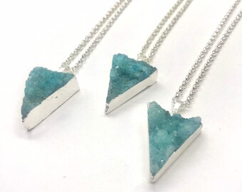 Natural Blue Druzy Triangle Silver Pendant Necklaces, Metallic Platinum Sparkly Teal Druzy, Turquoise Druzy Boho Necklaces, Handmade Jewelry