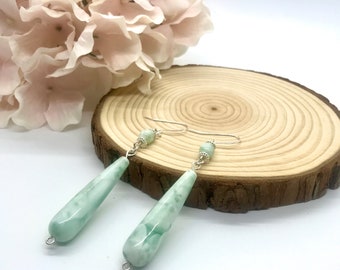 Elegant Sterling Silver Russian Moss Green Angelite Dangle Drop Earrings, Mint Green Holiday Accessories, Christmas Gift for Her