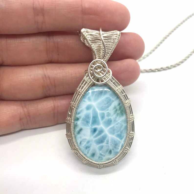 Sterling Silver Larimar Wire Wrapped Pendant, Grade AAA Genuine Blue Gemstone Amulet, Handmade Statement Piece Necklace, Engagement Gift image 2