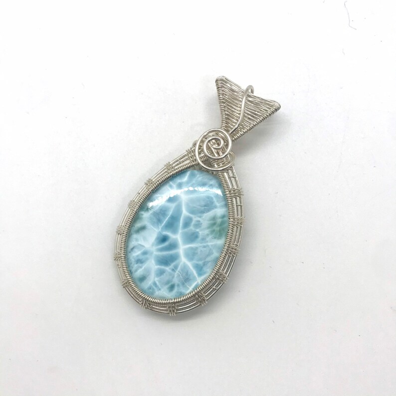 Sterling Silver Larimar Wire Wrapped Pendant, Grade AAA Genuine Blue Gemstone Amulet, Handmade Statement Piece Necklace, Engagement Gift image 3