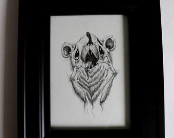 May include: A black and white pen and ink drawing of a creature with a large mouth and sharp teeth. The creature is framed in a black frame.