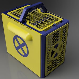 Puede incluir: Una caja de almacenamiento amarilla y azul con un asa y un patrón de panal en los lados. La caja tiene un círculo azul con una 'X' en el interior en la parte delantera y trasera.