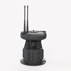 Pode incluir: Um modelo cinza de uma torre de radar futurista com duas antenas no topo.
