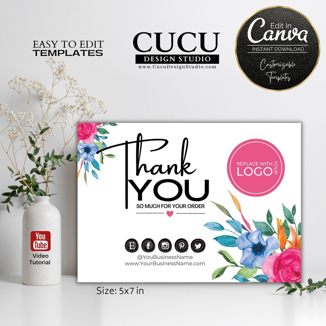 Floral Thank You Card Template | Editable Canva Design (5x7 In) - Etsy