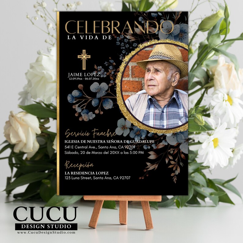 Tarjeta funeral editable en Canva con diseño moderno y elegante, ideal para imprimir o compartir digitalmente, transmite respeto y solemnidad / Editable Canva funeral card with modern elegant design, ideal for printing or digital sharing, conveys respect and solemnity