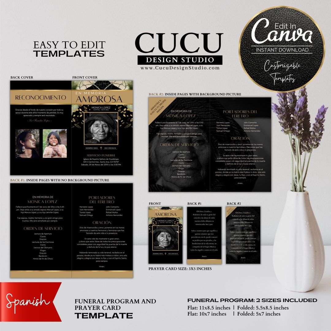 Editable Funeral Program in Spanish Prayer Card Template Canva Funeral Program En Memoria De