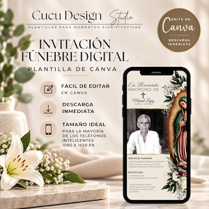 Spanish Funeral Smartphone Invitation, Virgen de Guadalupe, Canva Editable
