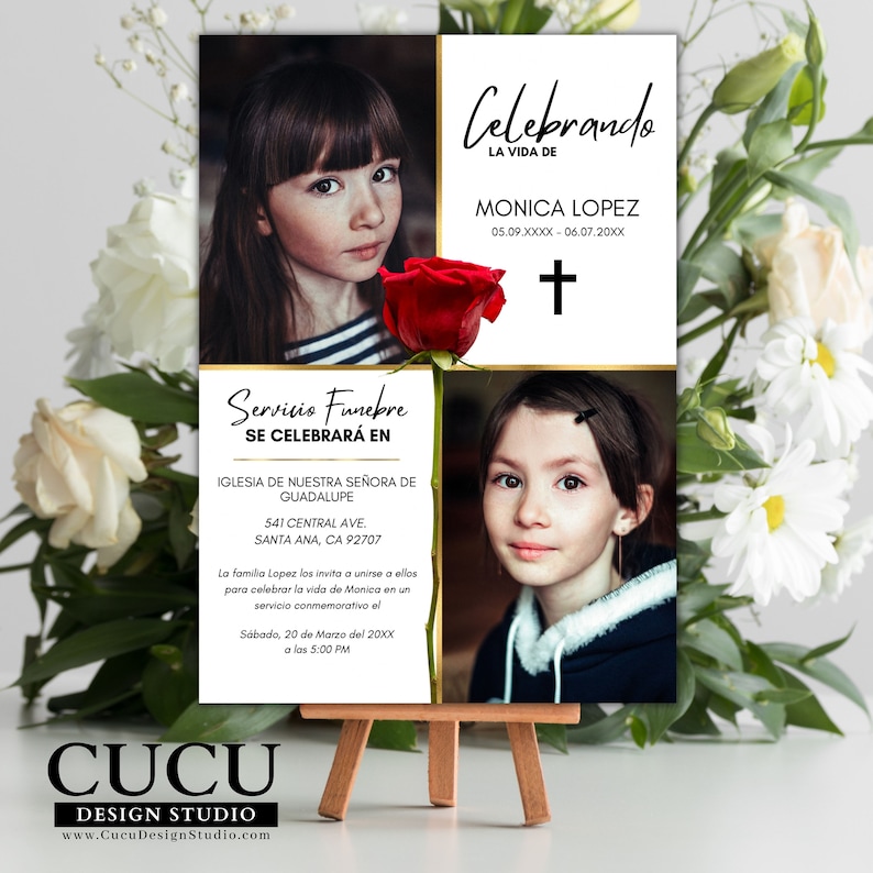 Tarjeta memorial editable en Canva con diseño sofisticado y detalles simbólicos, ideal para compartir información del servicio de manera elegante y respetuosa / Editable memorial card in Canva with sophisticated design and symbolic details, ideal for sharing service information in an elegant and respectful way with family and friends