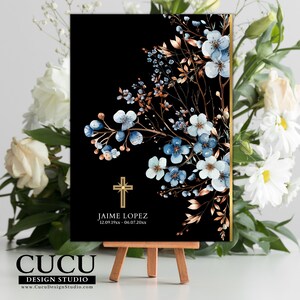 Invitación digital funeraria en español con diseño sofisticado y religioso, perfecta para servicios funerarios y celebraciones de vida / Spanish digital funeral invitation with sophisticated and religious design, perfect for funerals and celebration of life events