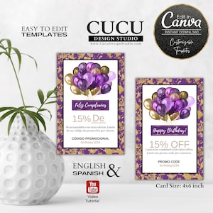 Cartão de feliz aniversario | Modelo de cartão de aniversário em ouro roxo com código de desconto | Cartão de Aniversário - Editável | Cartão de cupom | BBC112