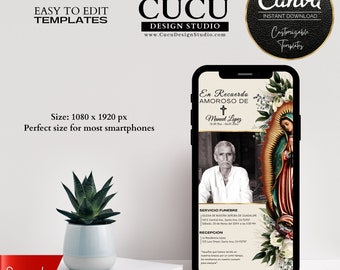 Peut inclure: Modèle de carte commémorative numérique pour smartphone avec une photo d'un homme et une image religieuse de la Vierge Marie. Le texte indique "En Recuerdo Amoroso De Manuel Lopez" et comprend des détails pour un service funéraire et une réception.