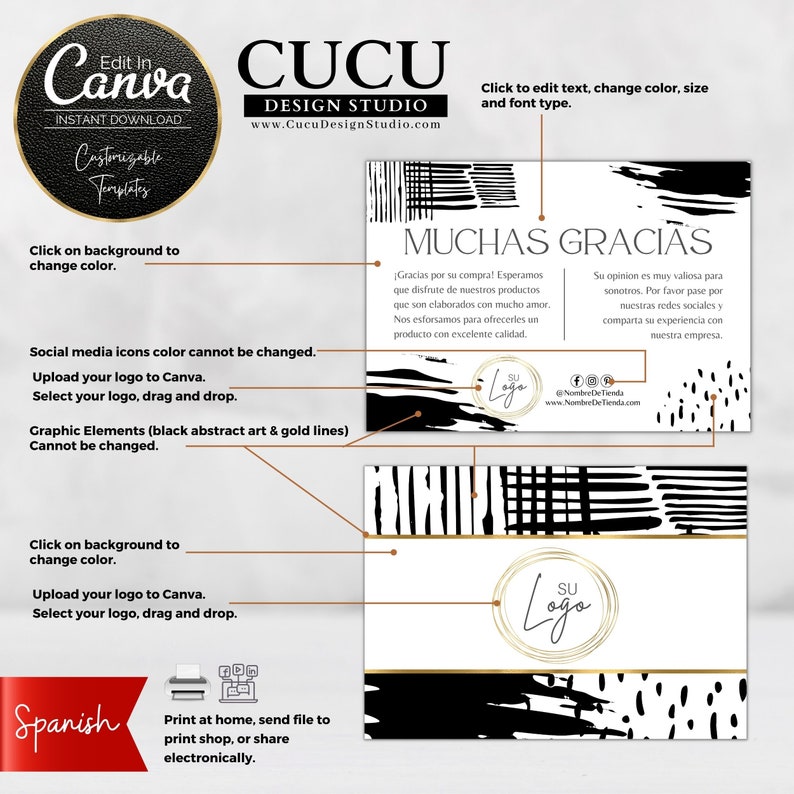 Plantilla editable Canva tarjeta agradecimiento tamaño 7x5 perfecta para branding packaging ecommerce y tiendas Etsy / Editable Canva thank you card template 7x5 perfect for branding packaging ecommerce and Etsy shops
