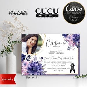 En Memoria de / Celebración de Vida / Tarjetas de Invitación Funeral / Memorial Funeral Card in Spanish / FAC100_Spa_Purple