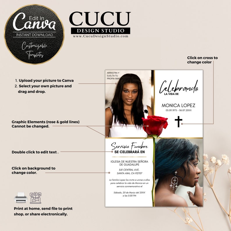 Plantilla funeral digital fácil de editar, incluye fotos personalizadas y detalles del servicio, ideal para imprimir o enviar digitalmente a familiares y amigos / Easy to edit digital funeral template with personalized photos and service details, ideal for printing or sending digitally to family and friends during a meaningful time
