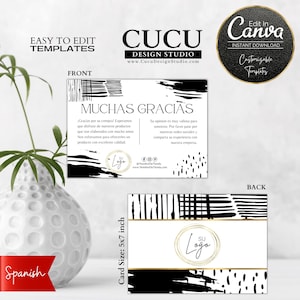 Tarjeta de agradecimiento para small business editable en Canva tamaño 7x5 pulgadas con diseño minimalista blanco y negro ideal para packaging y branding / Editable thank you card Canva template 7x5 inches minimalist black and white design perfect for packaging and branding