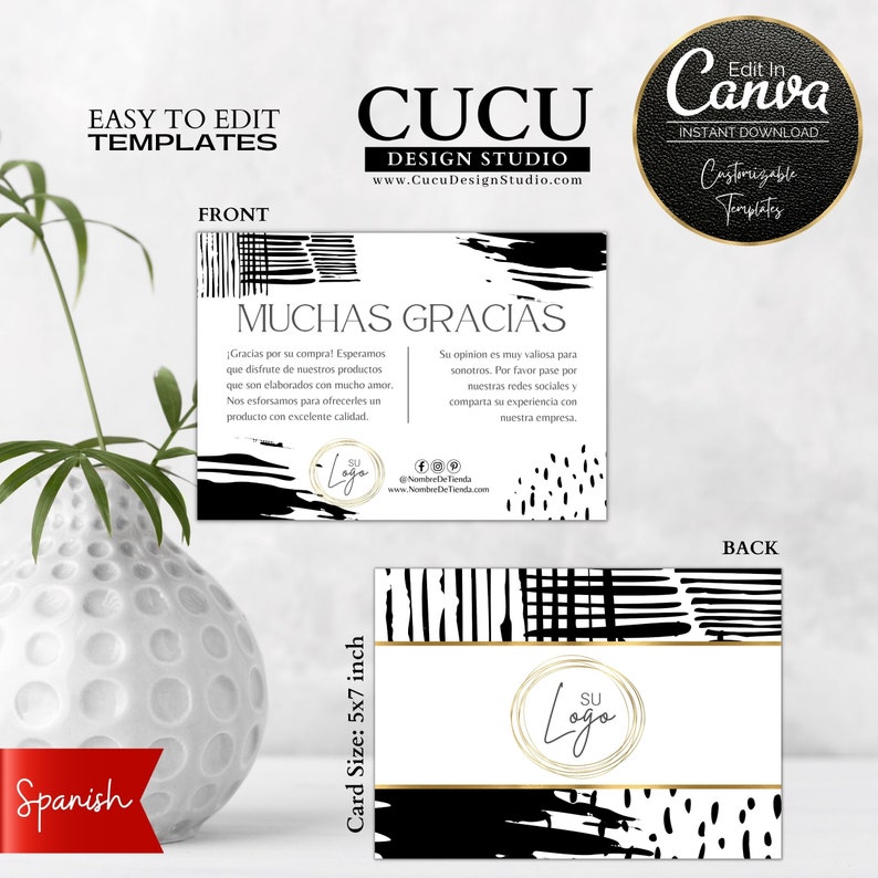 Tarjeta de agradecimiento para small business editable en Canva tamaño 7x5 pulgadas con diseño minimalista blanco y negro ideal para packaging y branding / Editable thank you card Canva template 7x5 inches minimalist black and white design perfect for packaging and branding