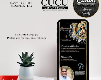 Plantilla Funeral Canva Virgen Guadalupe Digital, Invitacion Memorial Spanish Smartphone, Celebrando Vida Editable, Funeral Movil