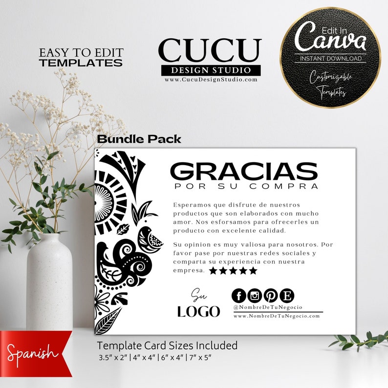 Tarjeta de agradecimiento para small business editable en Canva con diseño elegante en blanco y negro, incluye espacio para logo y redes sociales, disponible en 4 tamaños ideales para packaging profesional / Small business thank you card Canva template with elegant black and white design, includes space for logo and social media, available in 4 sizes perfect for professional packaging inserts