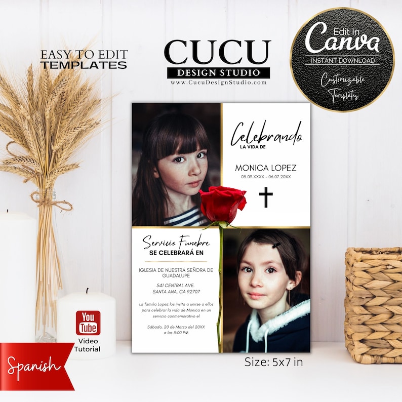 Invitación funeral en español con diseño elegante y moderno, incluye fotos personalizables y rosa roja simbólica que representa amor eterno, plantilla editable en Canva ideal para honrar a un ser querido / Spanish funeral invitation with elegant modern design featuring customizable photos and symbolic red rose representing eternal love, editable Canva template perfect to honor a loved one with a meaningful tribute