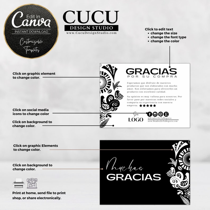 Plantilla Canva de tarjeta gracias para emprendedores, ideal para branding, marketing y fidelización de clientes con un diseño moderno y fácil de personalizar / Canva thank you card template for entrepreneurs, ideal for branding, marketing and customer retention with a modern and easy to customize design