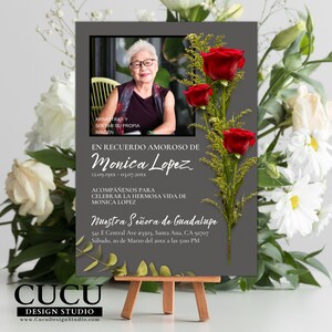 Plantilla memorial “En Recuerdo Amoroso” editable en Canva con diseño sofisticado, tipografía elegante y espacio para personalizar detalles del servicio funerario de forma rápida y sencilla / “In Loving Memory” memorial template editable in Canva with sophisticated design, elegant typography and easy customization for funeral service details