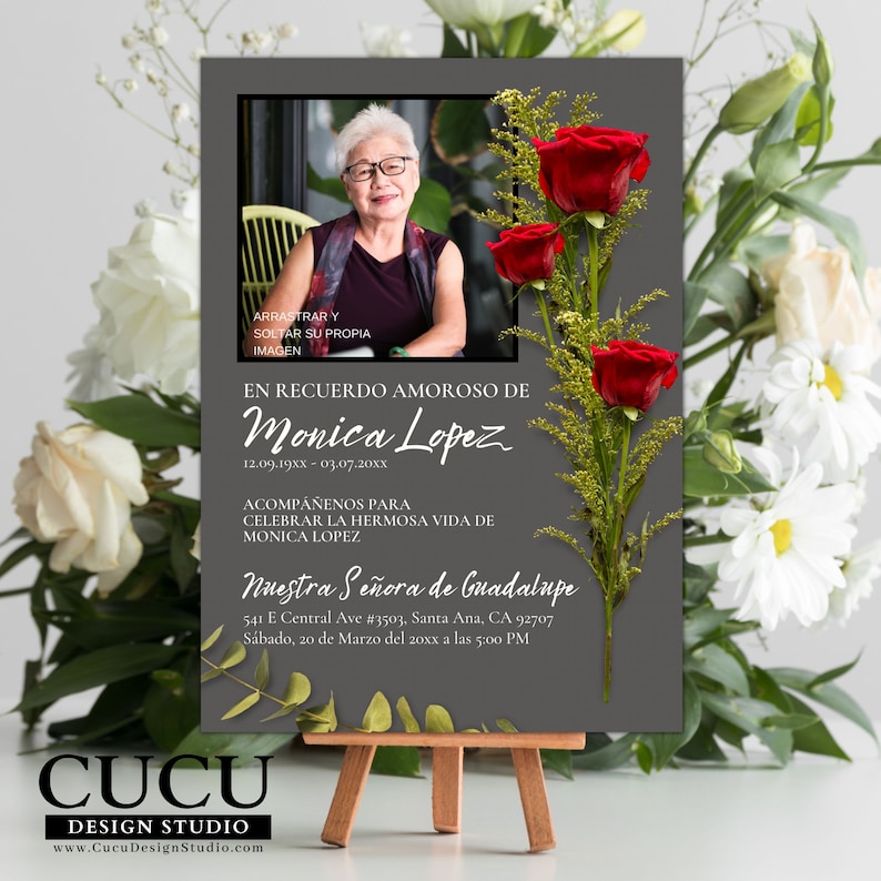 Plantilla memorial “En Recuerdo Amoroso” editable en Canva con diseño sofisticado, tipografía elegante y espacio para personalizar detalles del servicio funerario de forma rápida y sencilla / “In Loving Memory” memorial template editable in Canva with sophisticated design, elegant typography and easy customization for funeral service details