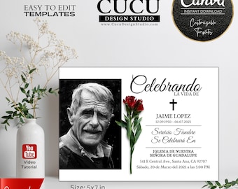 Funeral Invitation Canva Template, Invitación Funeral Español Editable, Celebrando La Vida Card, Memorial Invite 5x7, Instant Download Canva