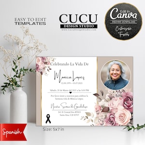 no espanhol Loving da memória Cartão Comemorativo | Funeral de Plantilla Canva | Cartão espanhol do anúncio fúnebre de <br> Entrega Rápida? Cartão fúnebre de Canva | FAC108_Spa_Rose