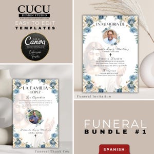 Plantilla de Canva para Celebración de Vida Católica con Rosas Blancas y Azules | Anuncio Conmemorativo Editable y Tarjeta de Agradecimiento