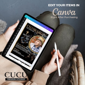 Plantilla funeral con marco dorado circular y elementos florales, ideal para destacar la imagen y crear un homenaje visual impactante / Funeral template with gold circular frame and floral elements, ideal for highlighting the image and creating a visually striking tribute