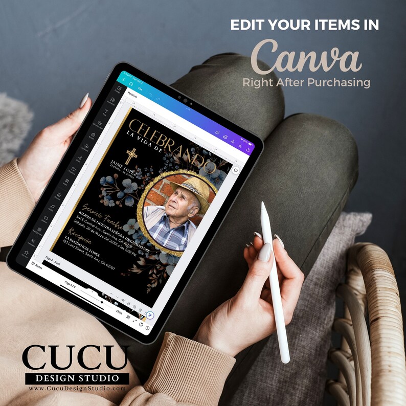 Plantilla funeral con marco dorado circular y elementos florales, ideal para destacar la imagen y crear un homenaje visual impactante / Funeral template with gold circular frame and floral elements, ideal for highlighting the image and creating a visually striking tribute