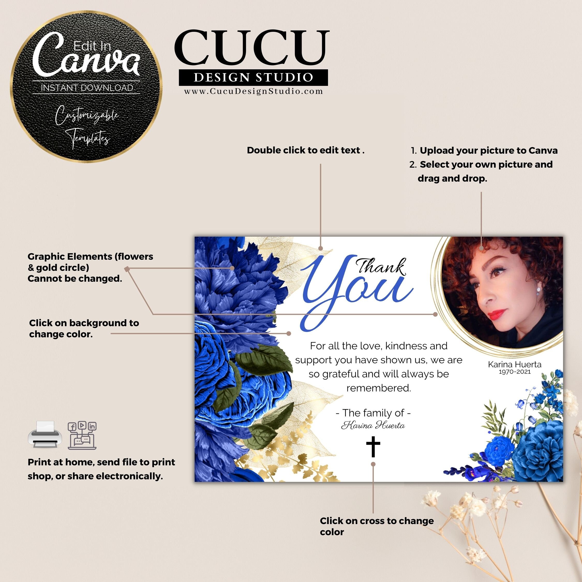 Blue Flower Funeral Thank You Card Template | Canva (digital Download ...